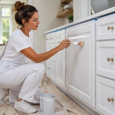 Woman painting white kitchen cabinets with a brush.