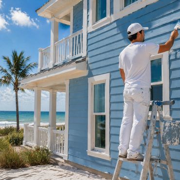 Man painting a blue beach house exterior on a sunny day.