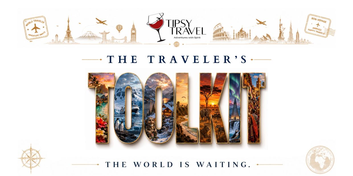 Travel-themed artwork with iconic landmarks and the phrase 'The Traveler's Toolkit'.