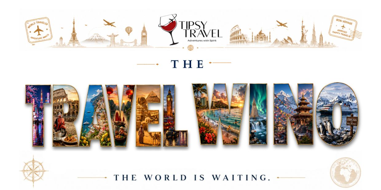 Travel Win logo with world landmarks inside each letter and a travel theme.