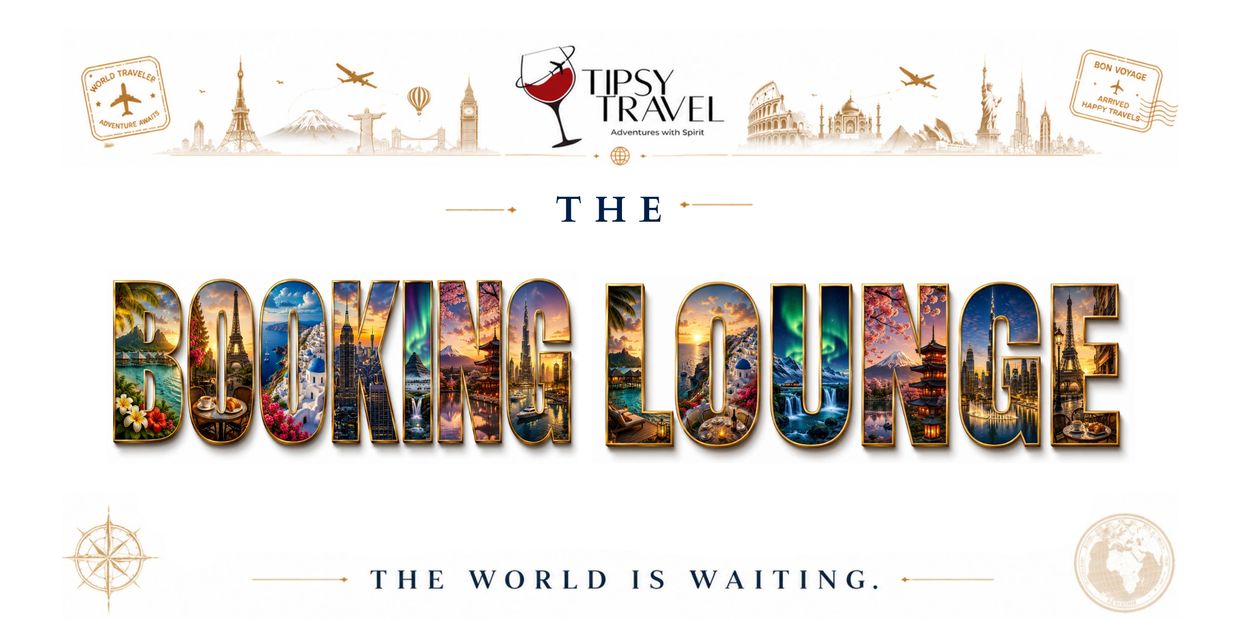 Travel-themed booking lounge poster with iconic landmarks inside letters.
