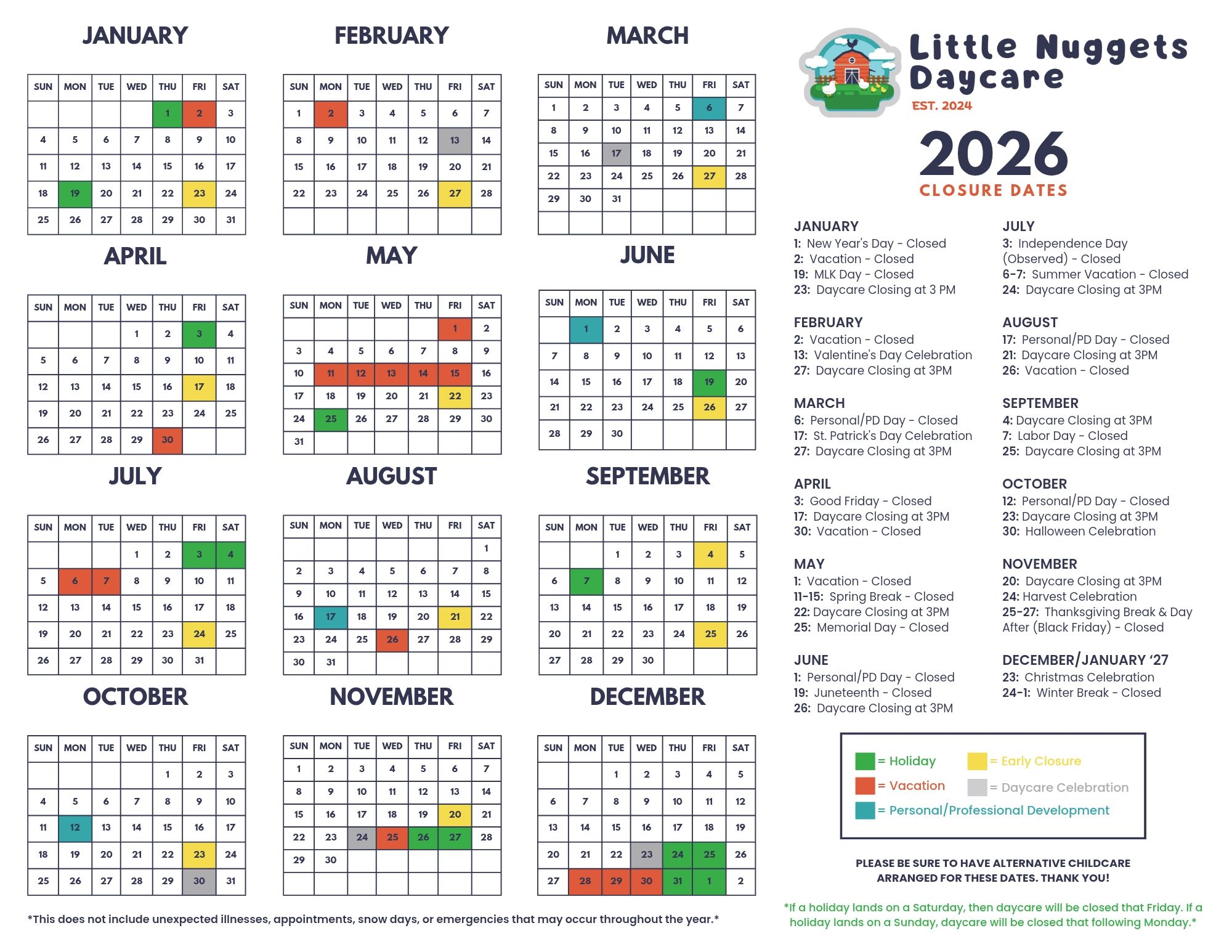 2026 Little Nuggets Daycare closure calendar with holidays, vacations, and early closures.
