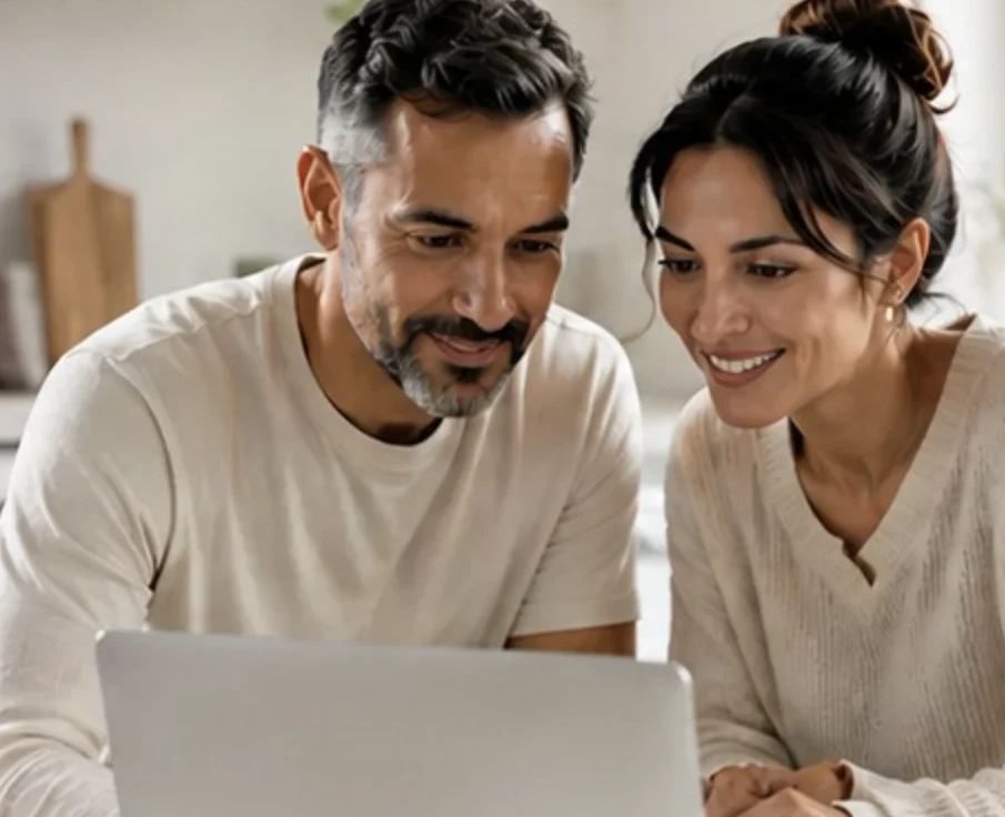 Couple smiling and looking at laptop screen.