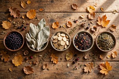 Autumn flat lay of five herbal apothecary ingredients in wooden bowls on a rustic table with fall le