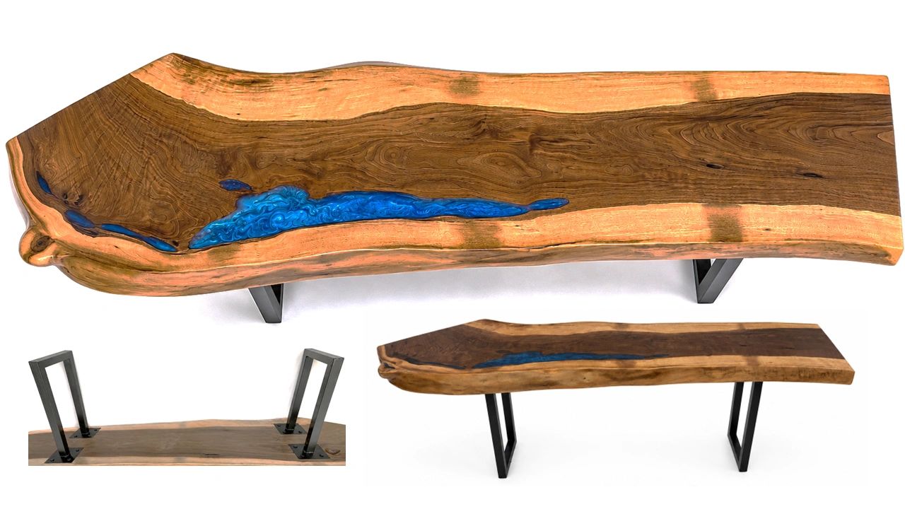 Live edge wooden bench with blue resin inlays and metal legs.