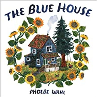Illustration of a blue house surrounded by sunflowers and a tall tree.