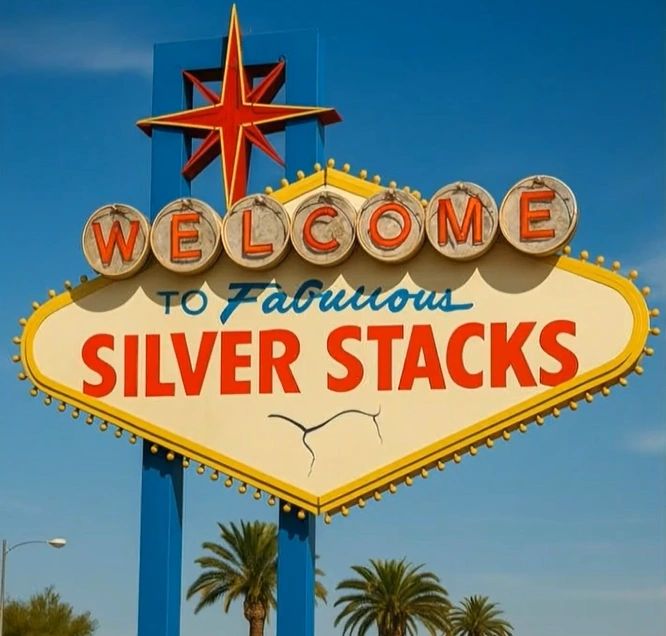 Sign welcoming visitors to Fabulous Silver Stacks with a retro design.