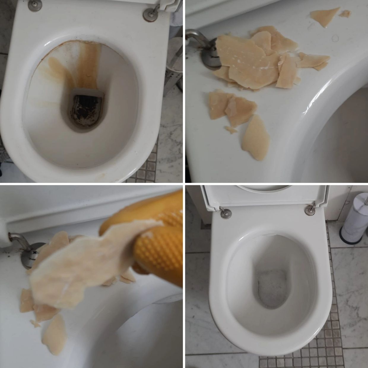 Cleaning and removing limescale buildup from a toilet bowl.