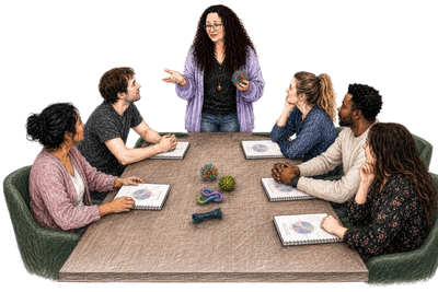 Illustrated group psychology session with adults discussing neurodiversity and life experience
