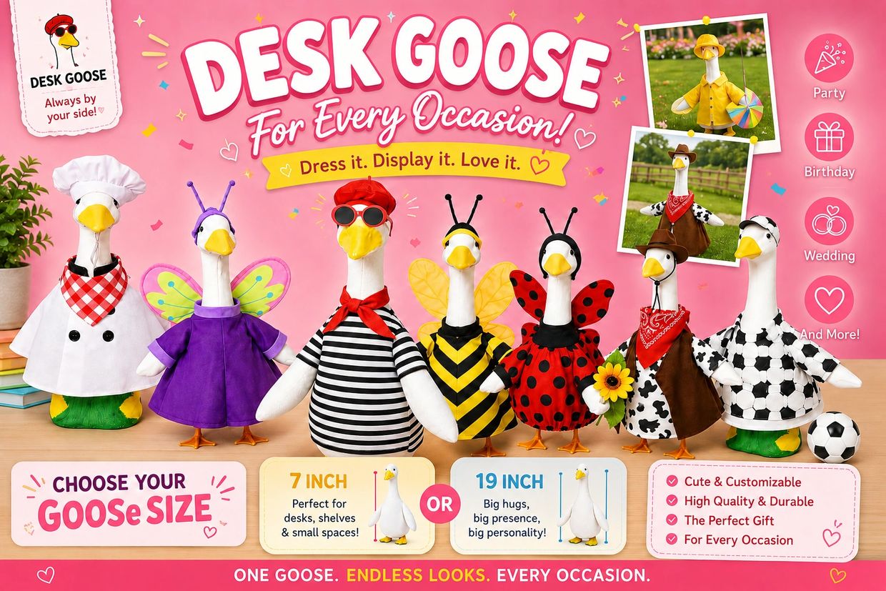 Desk Goose plush toys in cute costumes for every occasion.
