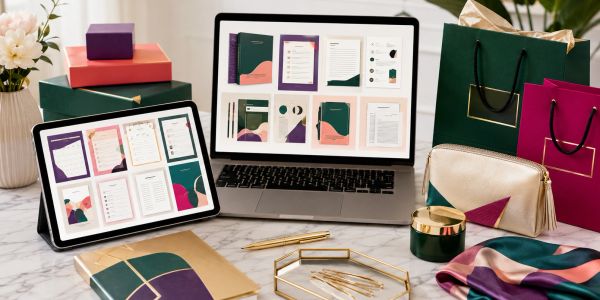 Laptop and tablet displaying planner pages with stationery and gift bags.
