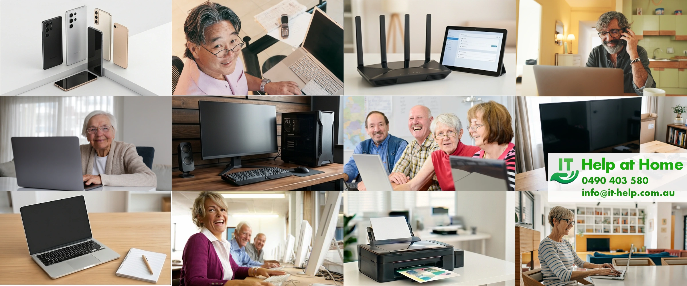 Collage of tech equipment and real people using IT successfilly