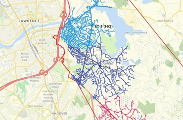 Map showing coverage areas of three turnpike stations in Lawrence and Andover.