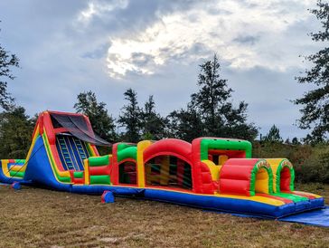 79 ft gender neutral color inflatable 2 lane obstacle course with water slide and splash pool