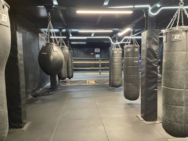 Boxing gym with hanging punching bags and a ring for rent Hainault, East London