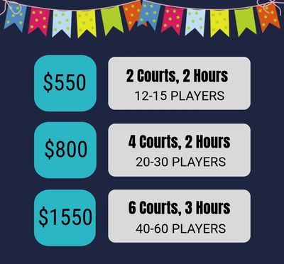Price list for 2 Courts, 4 Courts, 6 Hours rental for 2-3 hours