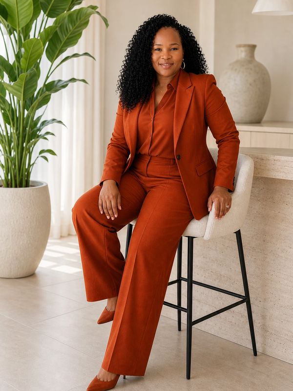 0Confident woman in an orange suit sitting on a stool indoors.