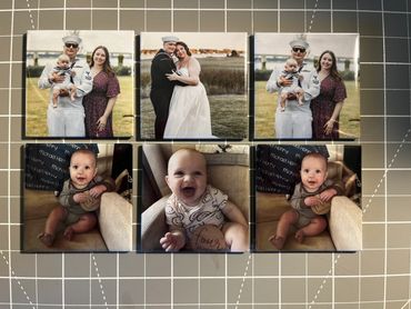 Family and baby photos displayed on a grid surface.