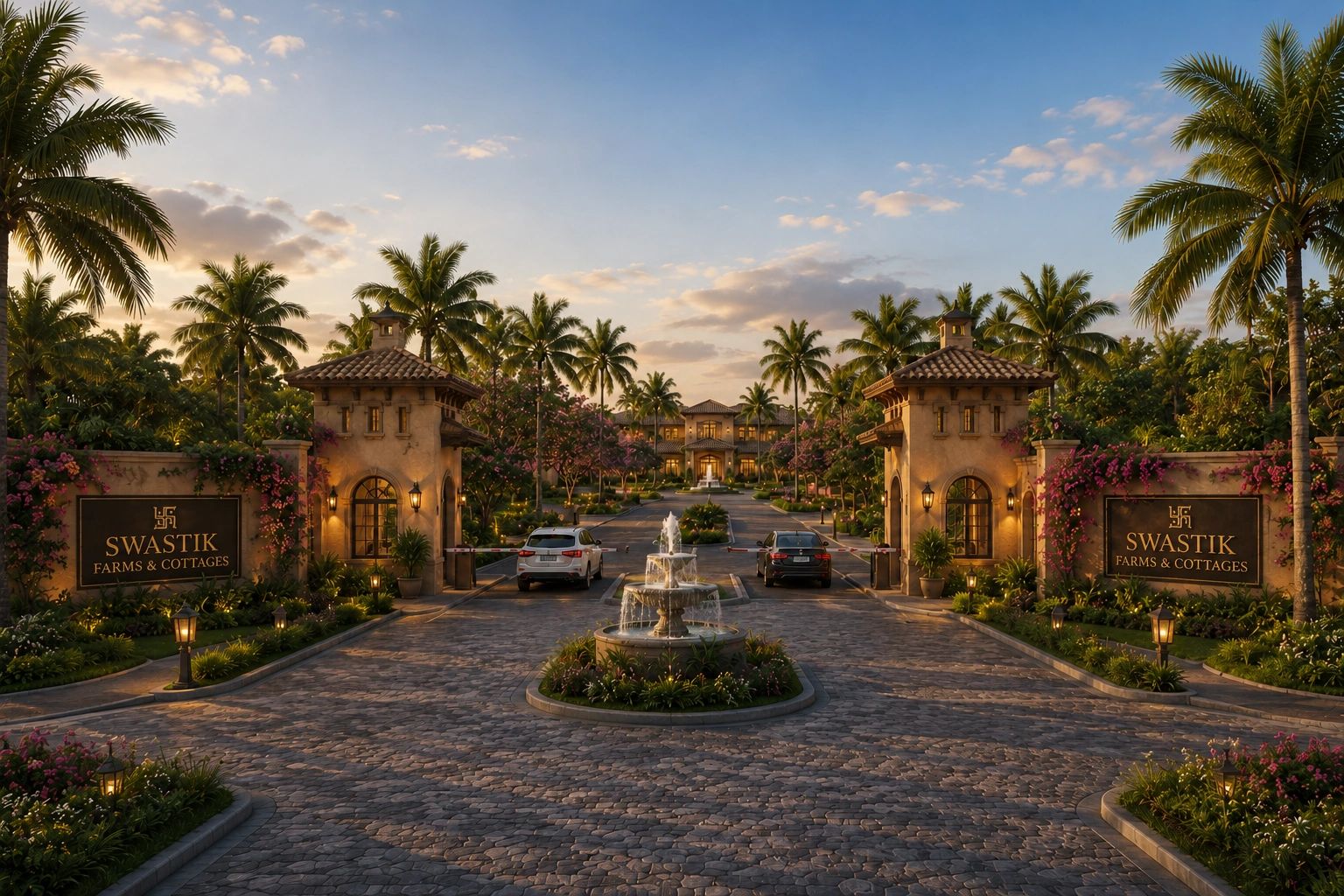 Entrance of Swastik Farms & Cottages with palm trees and a fountain under a evening sky.