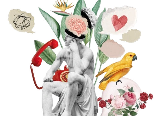 A classical statue with an exposed brain surrounded by flowers, a parrot, and speech bubbles.