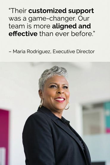 Portrait of a confident executive woman with a testimonial about customized support.