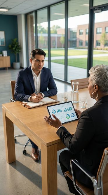 Two professionals discussing data charts on a tablet in a modern office.