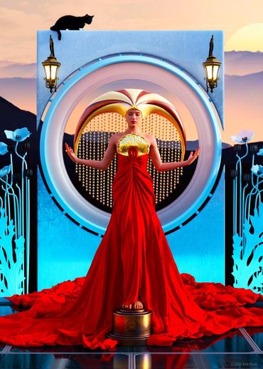 Art Deco image of a woman in a red dress at day break