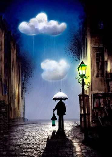 A man with an umbrella under a rainy cloud