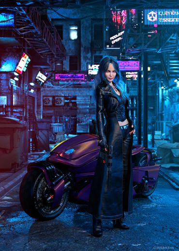 Woman by motorcycle in cyber city in blues.