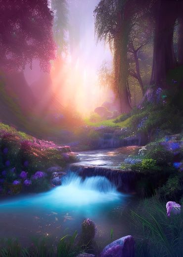 Mystical forest with waterfall and light beams at sunset.