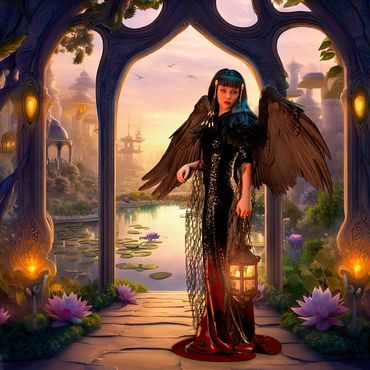Woman with wings and a lantern by a fantasy opening and a fantasy town in the background