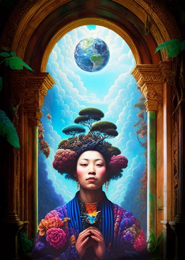 Woman in a temple with a landscape for hair and the planet earth floating above her.