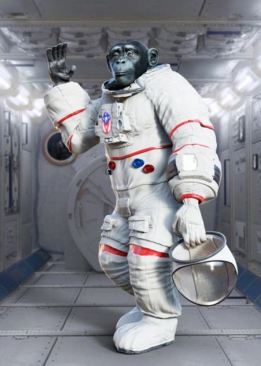 Chimp in spacesuit waving