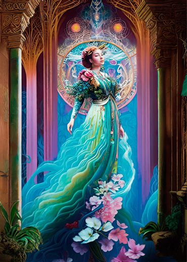 Woman with a flowing blue dress in an Art Nouveau temple that has flowers
