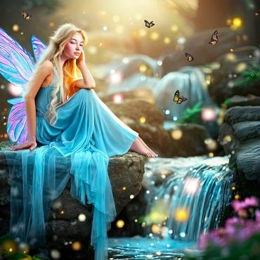 Faerie by a waterfall
