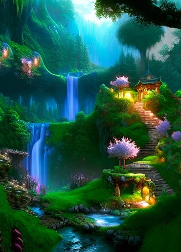 Tiered waterfall with a temple and flowers 