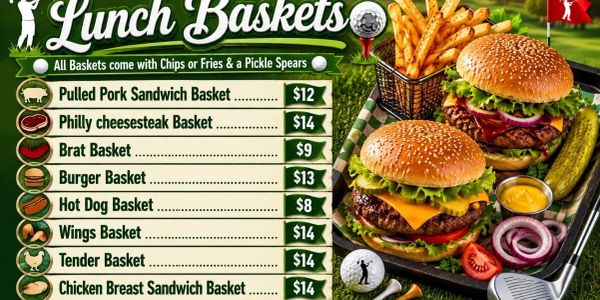 Lunch baskets menu featuring sandwiches, fries, and pickle spears with prices.