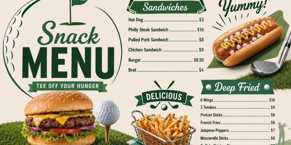 Golf-themed snack menu featuring burgers, sandwiches, and deep-fried favorites.