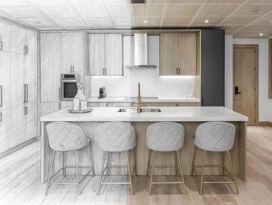 Half-sketch, half-photo modern kitchen interior.
