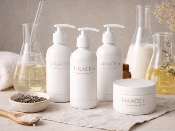 Grace's skincare products with natural ingredients in lab glassware.