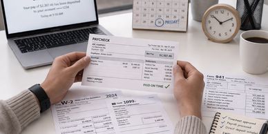 Person reviewing paycheck and tax documents at a desk with payday calendar.