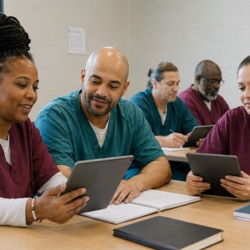 Healthcare workers collaborating with tablets and notebooks.