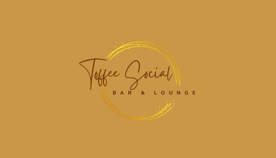 Elegant logo for Toffee Social Bar & Lounge with a golden circular brushstroke.