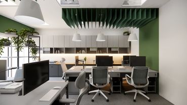 Sala de escritório funcional com ilhas de trabalho