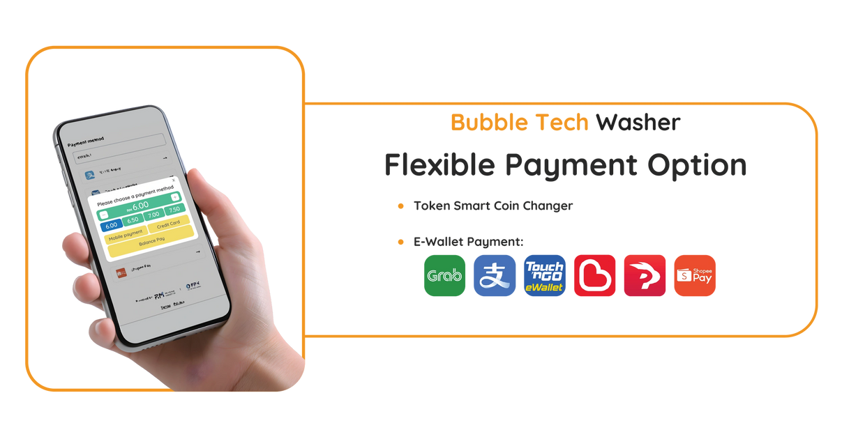 Bubble Tech Washer Flexible Payment Option: Token Changer or/and E-Wallet Payment
