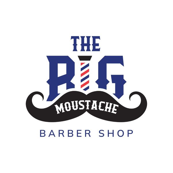 Logo for The Big Moustache Barber Shop featuring a mustache and barber pole.