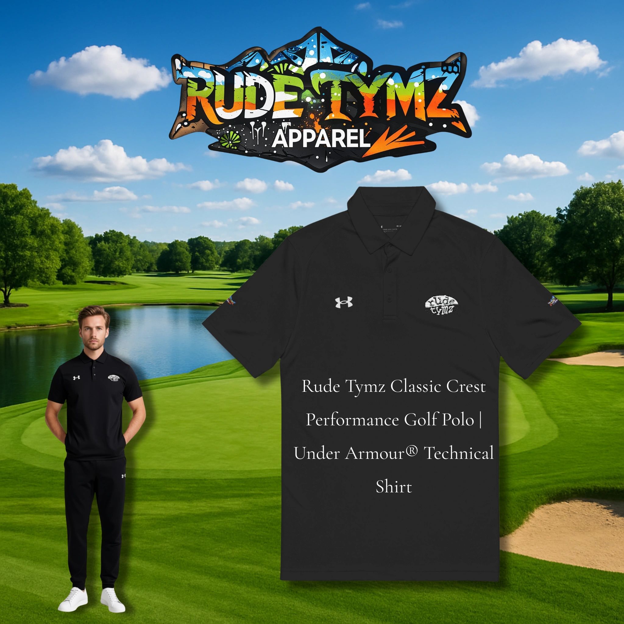 Elevated performance golf polo by Rude Tymz featuring Under Armour® sweat-wicking technology.