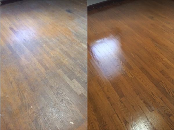 Before and after of screen and recoat on a dark walnut hardwood floor