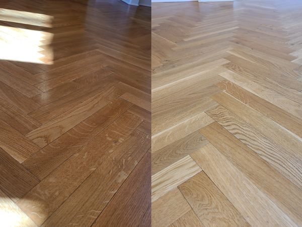 Before and After of a hardwood floor cleaning service on a natural herringbone floor