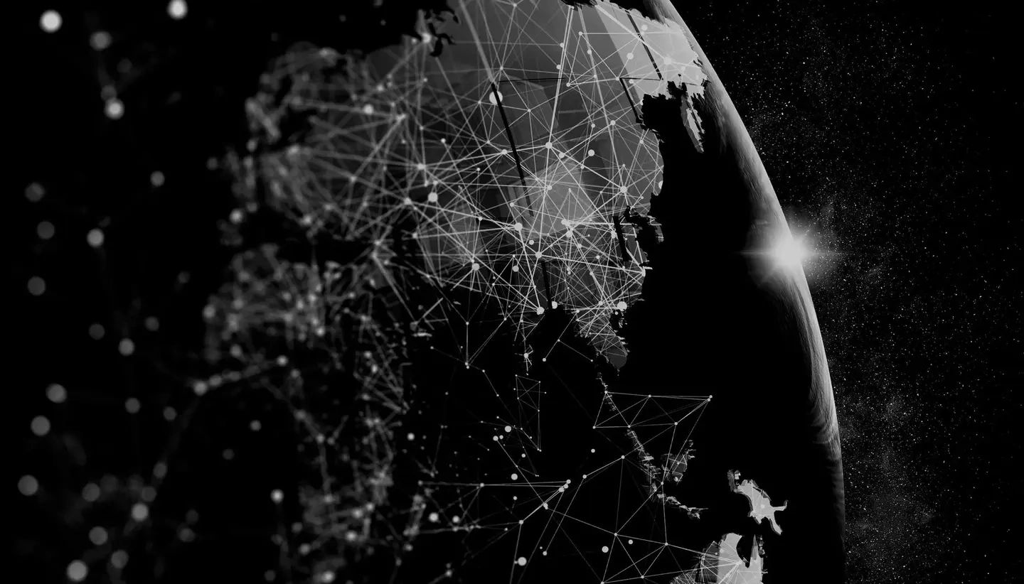 Digital network connections mapped across the globe with a cosmic background.